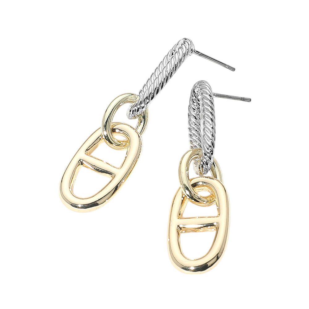 14K Gold Plated Two Tone Mariner Link Dangle Earrings