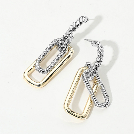 14K Gold Plated Two Tone Textured Link Drop Earrings