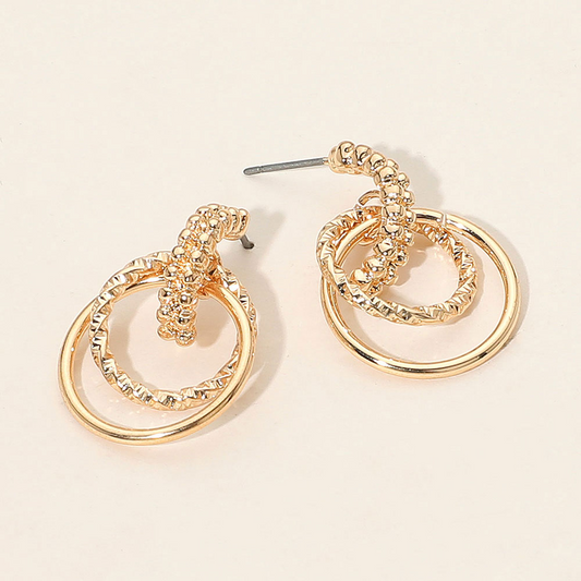Textured Metal Double Circle Link Drop Earrings