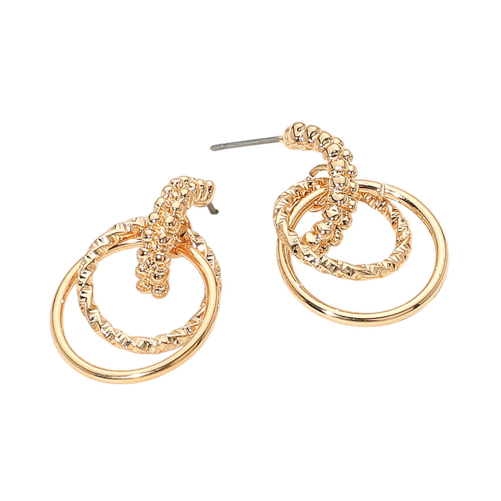 Textured Metal Double Circle Link Drop Earrings