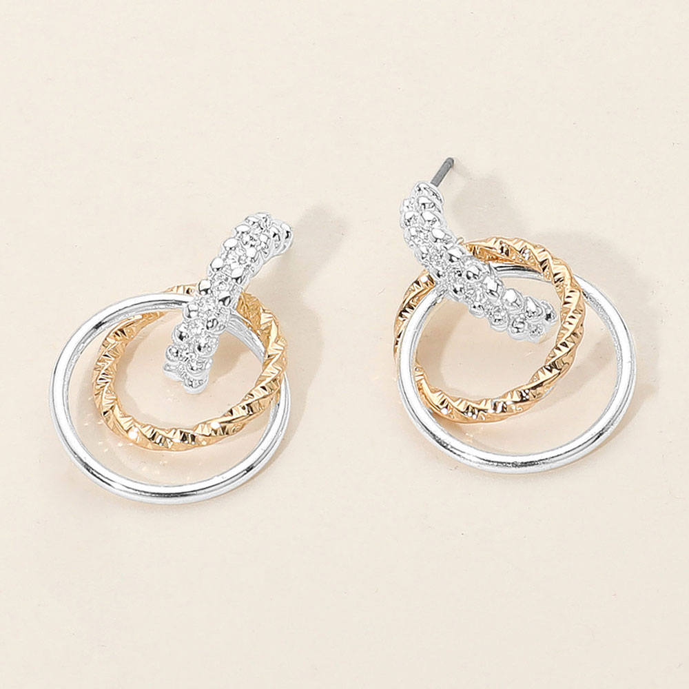 Textured Metal Double Circle Link Drop Earrings