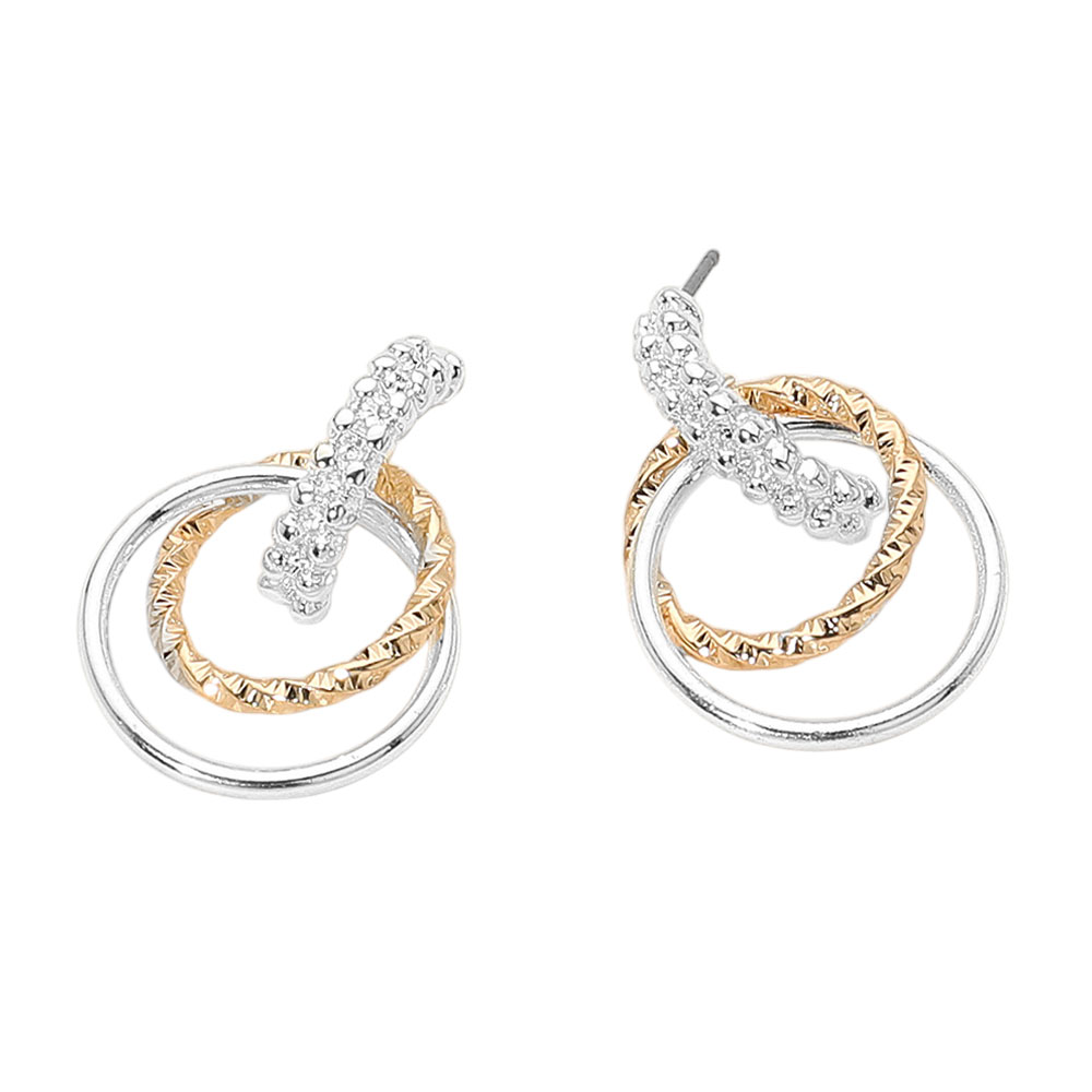 Textured Metal Double Circle Link Drop Earrings
