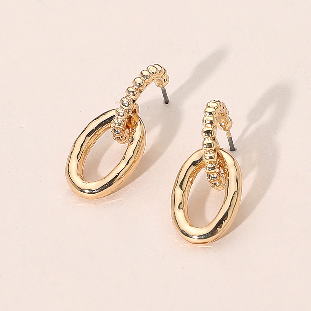 Textured Metal Beaded Hoop Oval Link Drop Earrings