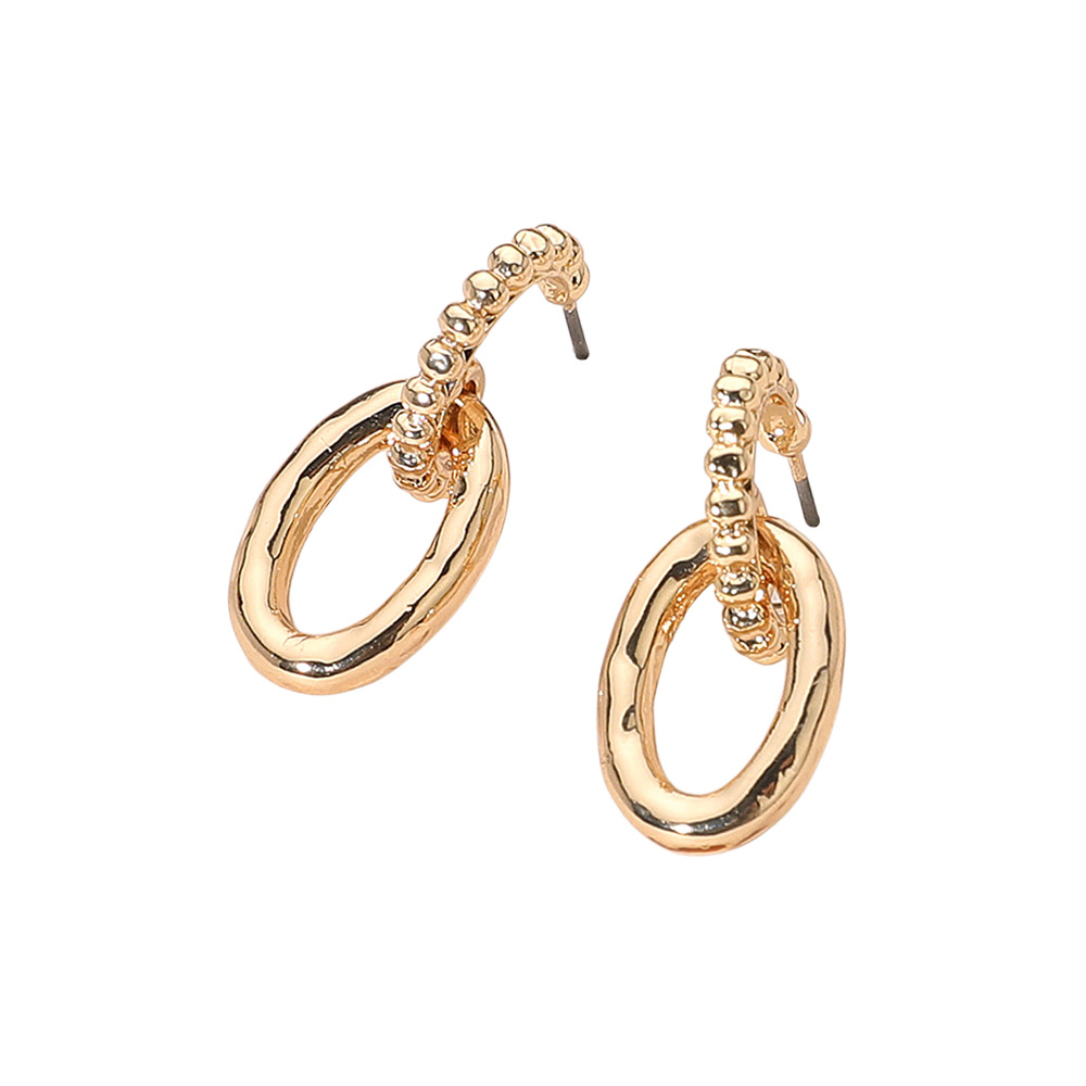 Textured Metal Beaded Hoop Oval Link Drop Earrings