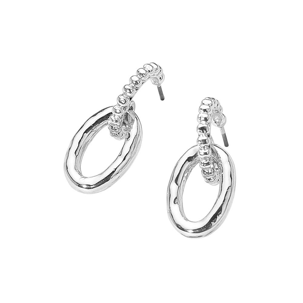 Textured Metal Beaded Hoop Oval Link Drop Earrings