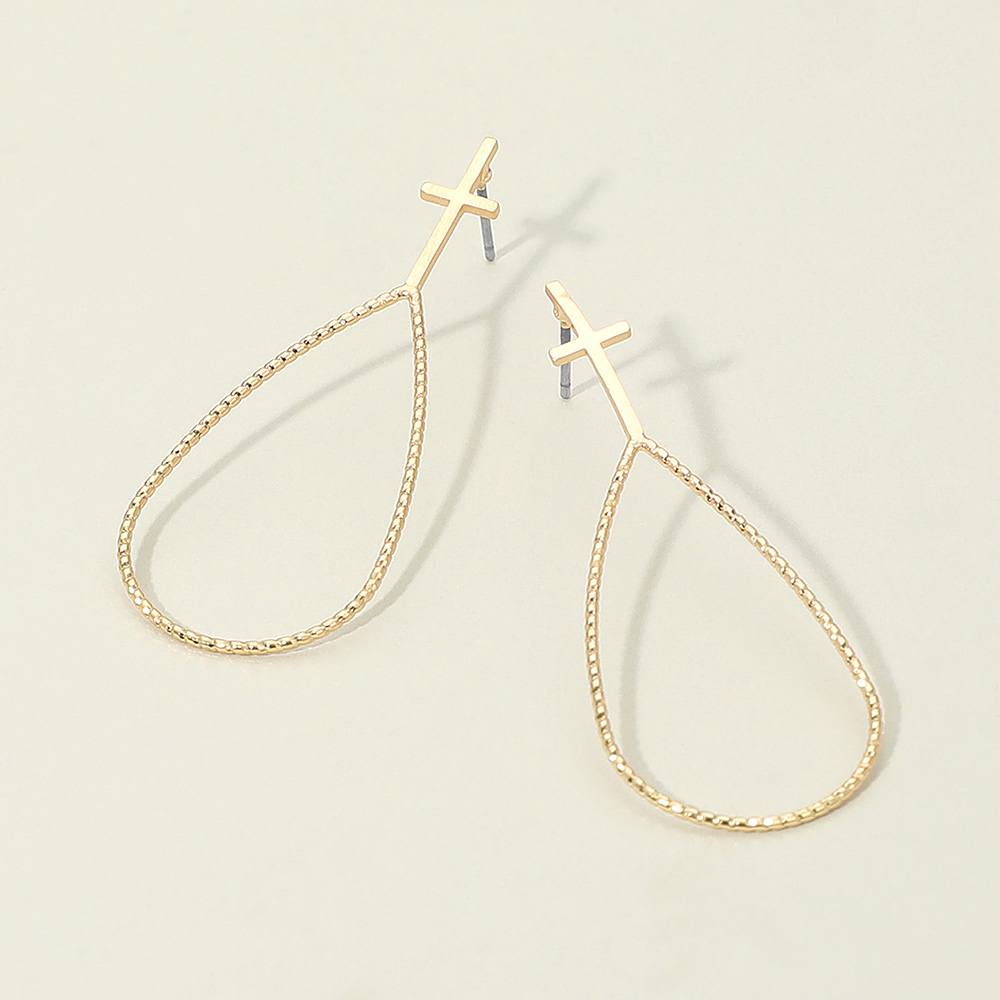 Metal Cross Top Textured Open Teardrop Earrings