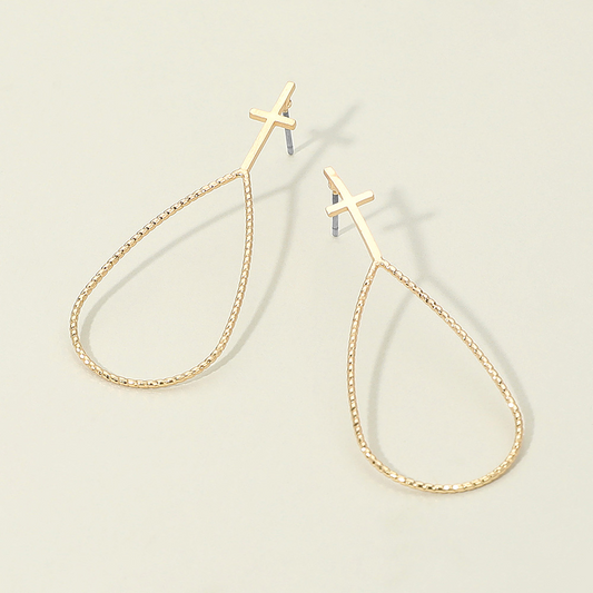 Metal Cross Top Textured Open Teardrop Earrings