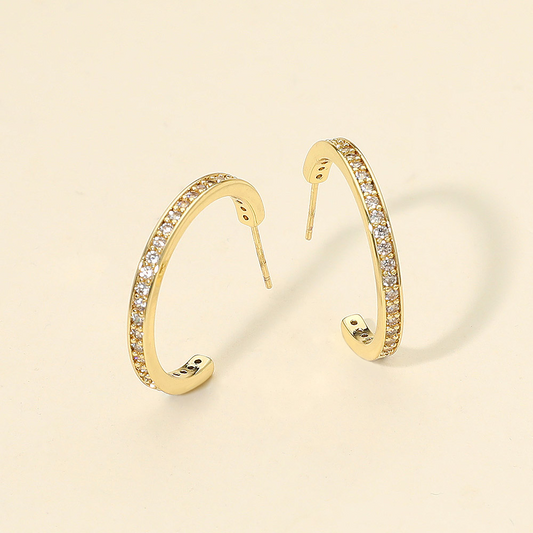 14K Gold Dipped CZ Stone Paved Open Hoop Earrings