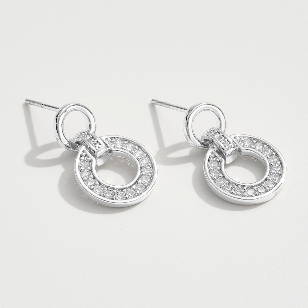 White Gold Dipped CZ Stone Paved Hoop Link Drop Earrings