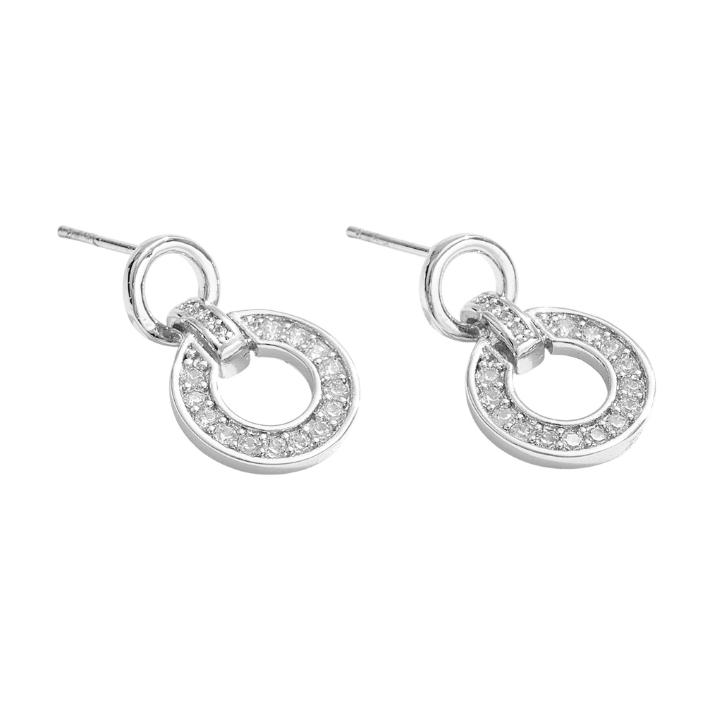 White Gold Dipped CZ Stone Paved Hoop Link Drop Earrings
