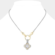 14K Gold Plated Two Tone CZ Stone Paved Quatrefoil Pendant Necklace