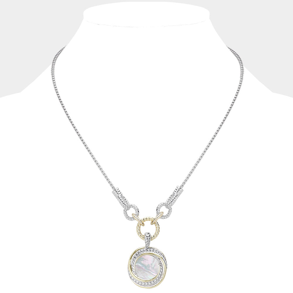 14K Gold Plated Two Tone Mother Of Pearl Round Pendant Necklace