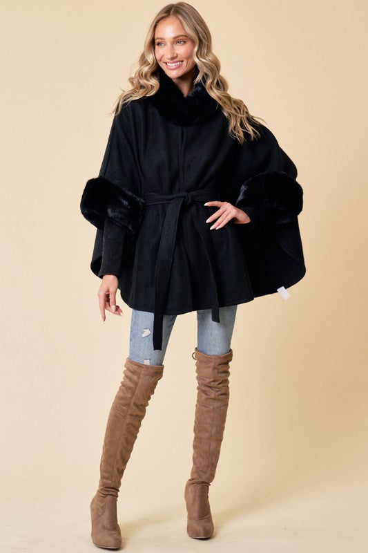 Faux Fur Trim Belted Jacket W/ Hook & Eye Closure