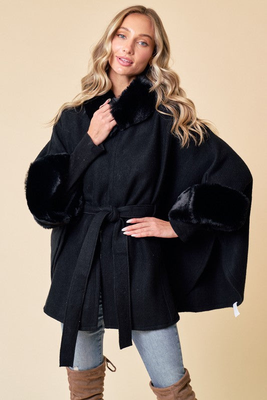 Faux Fur Trim Belted Jacket W/ Hook & Eye Closure