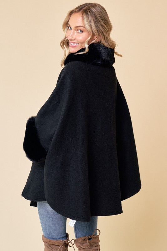 Faux Fur Trim Belted Jacket W/ Hook & Eye Closure