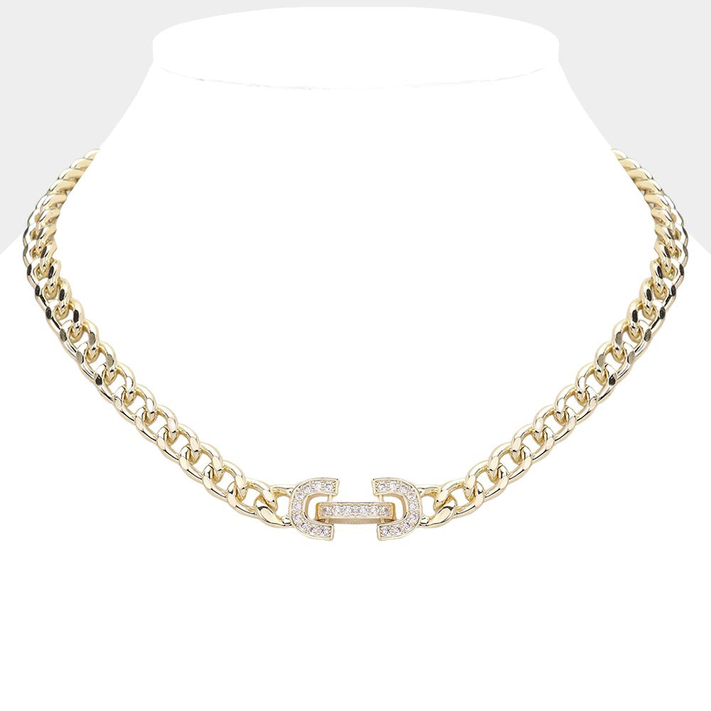 14K Gold Plated CZ Stone Paved Lock Pointed Chain Necklace