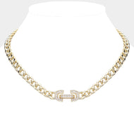 14K Gold Plated CZ Stone Paved Lock Pointed Chain Necklace