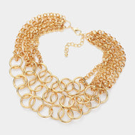 Metal O Ring Link Triple Layered Statement Necklace