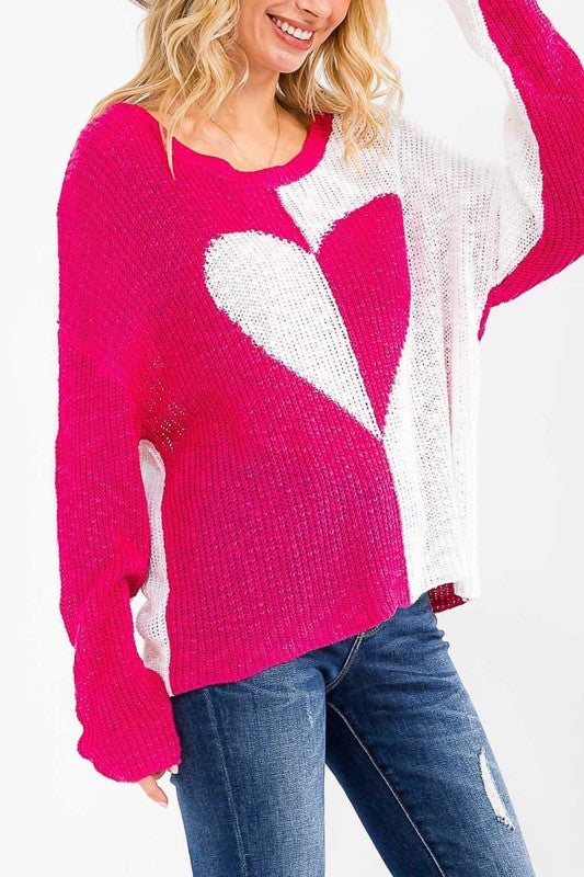 Colorblock Heart Print Knit Pullover Sweater