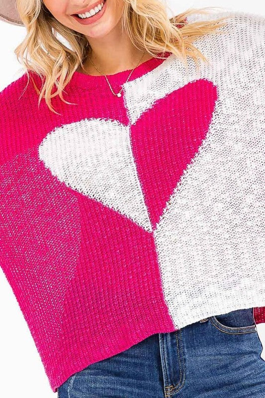 Colorblock Heart Print Knit Pullover Sweater