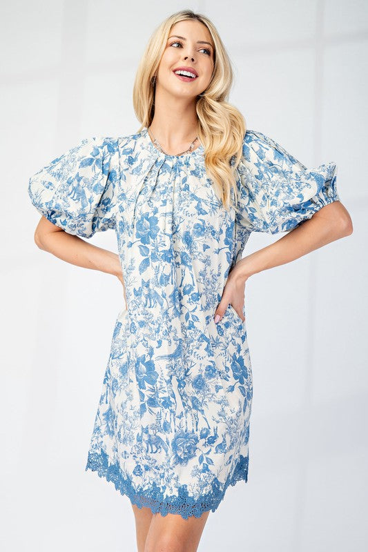 Pleated Round Neck Puff Sleeve Dress