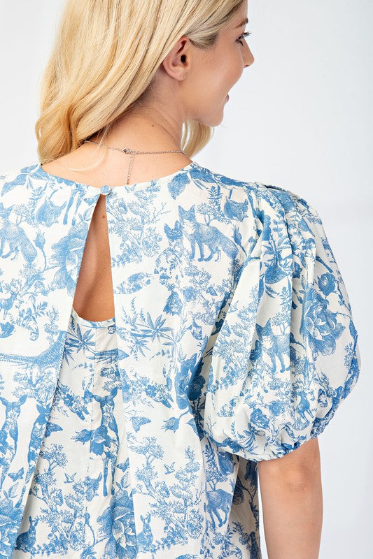 Pleated Round Neck Puff Sleeve Dress