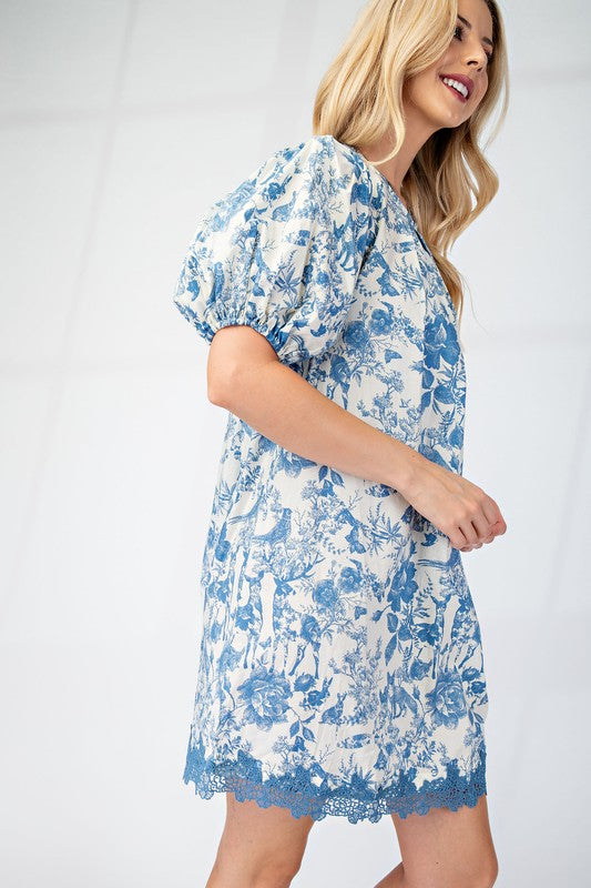 Pleated Round Neck Puff Sleeve Dress