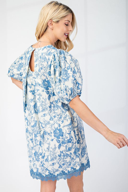 Pleated Round Neck Puff Sleeve Dress