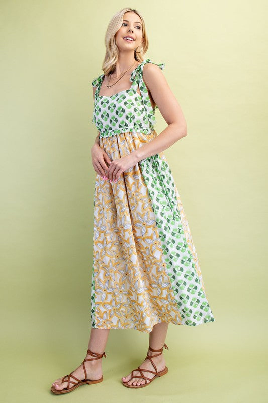 Mixed Print Midi Dress