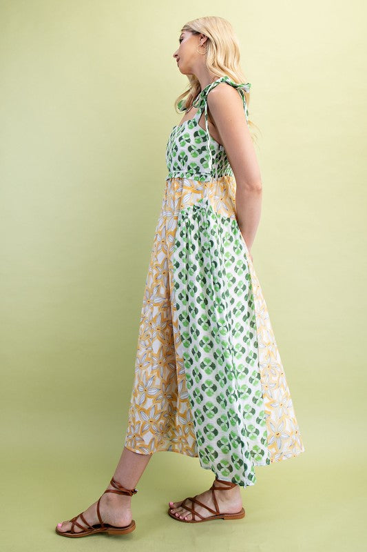 Mixed Print Midi Dress