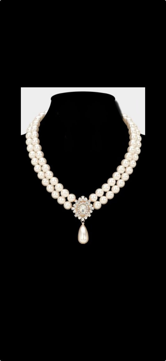 Glamours Oval Rhinestone Double Pearl Necklace