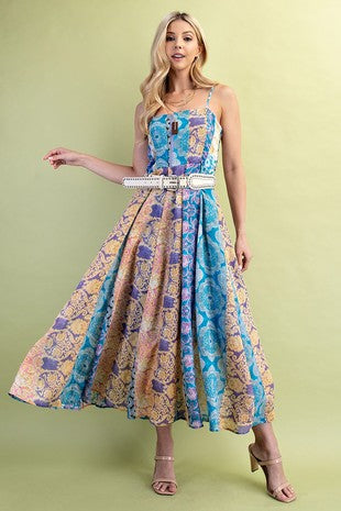 Printed Color Blocked Midi Dress