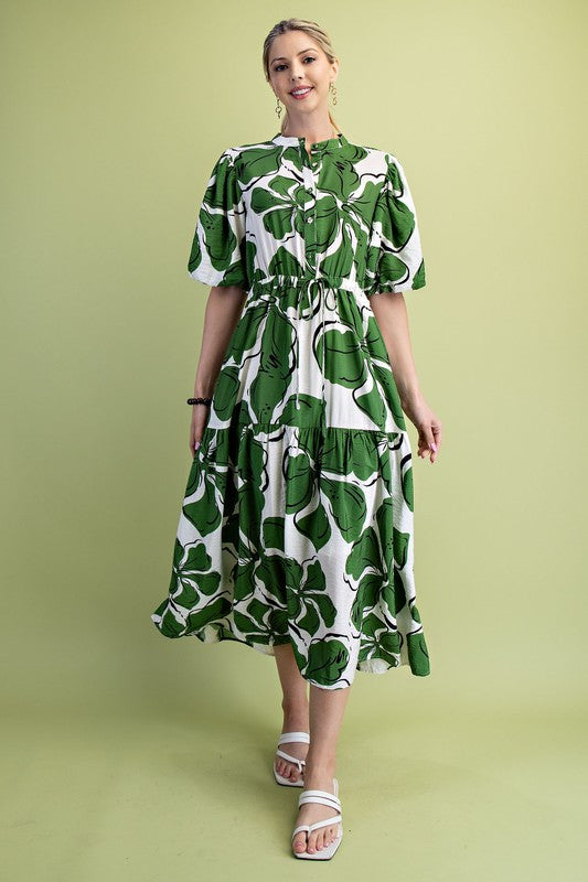 Bold Floral Print Tiered Midi Dress