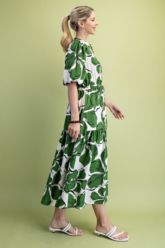 Bold Floral Print Tiered Midi Dress