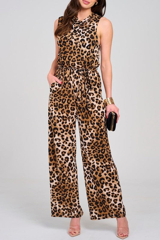Animal Print Elastic Waist Cowl Neck Jumpsuit