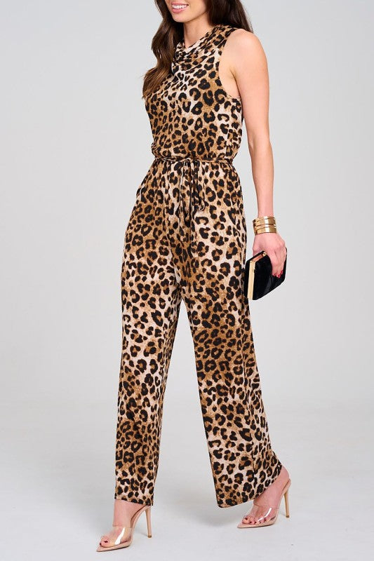 Animal Print Elastic Waist Cowl Neck Jumpsuit