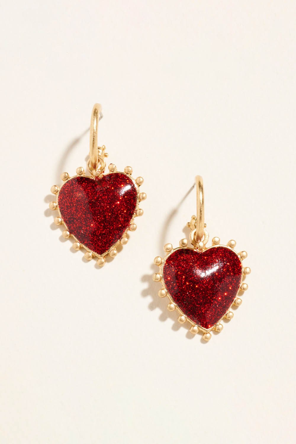 Metal Bead Rim Glitter Heart Dangle Earrings
