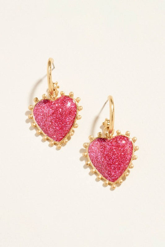 Metal Bead Rim Glitter Heart Dangle Earrings