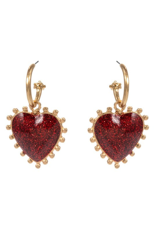 Metal Bead Rim Glitter Heart Dangle Earrings