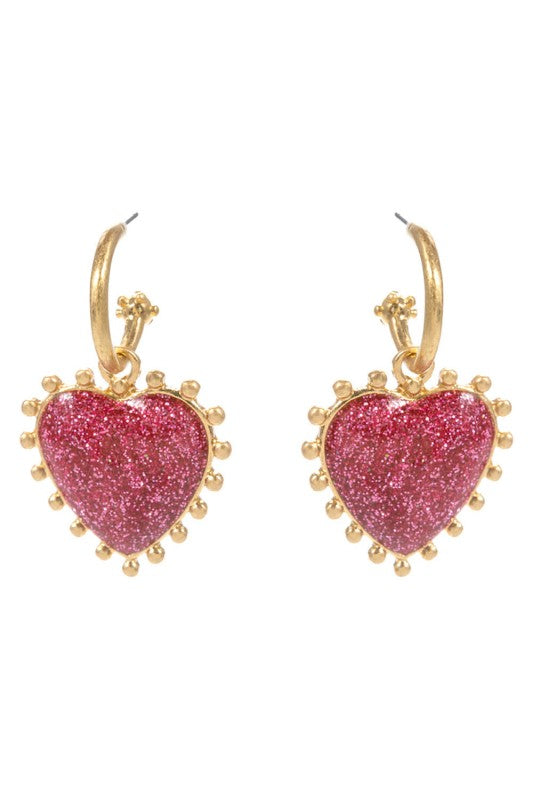 Metal Bead Rim Glitter Heart Dangle Earrings