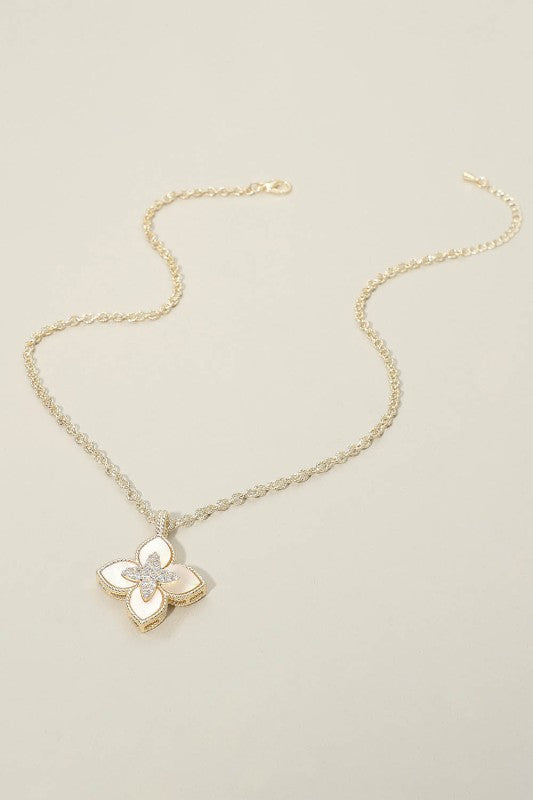 14k Cz Paved Mother Of Pearl Clover Necklace