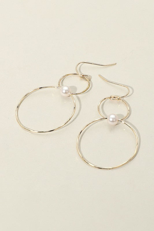 Pearl Accent Metal Wire Ring Link Dangle Earrings