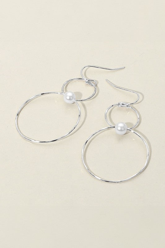 Pearl Accent Metal Wire Ring Link Dangle Earrings