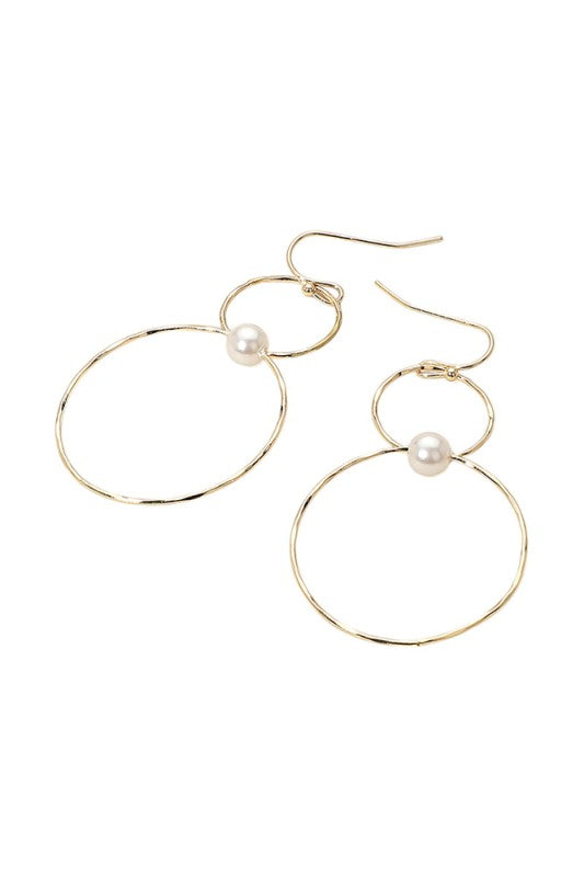 Pearl Accent Metal Wire Ring Link Dangle Earrings