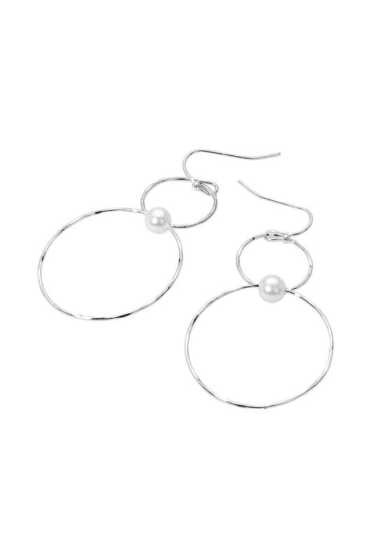 Pearl Accent Metal Wire Ring Link Dangle Earrings