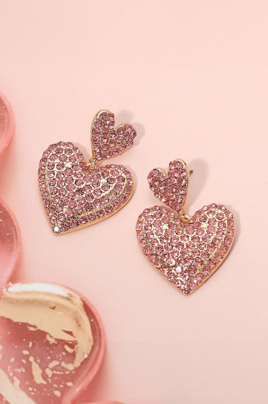 Rhinestone Paved Double Heart Drop Dangle Earrings