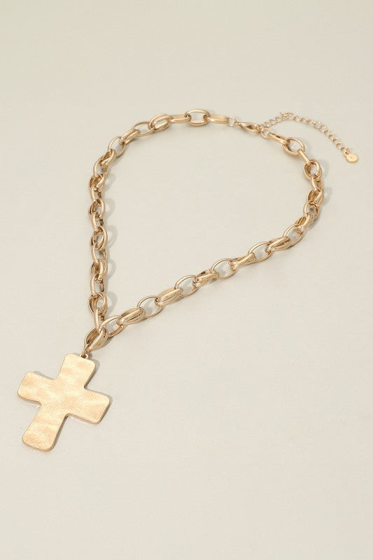 Brushed Metal Cross Pendant Chunky Chain Necklace