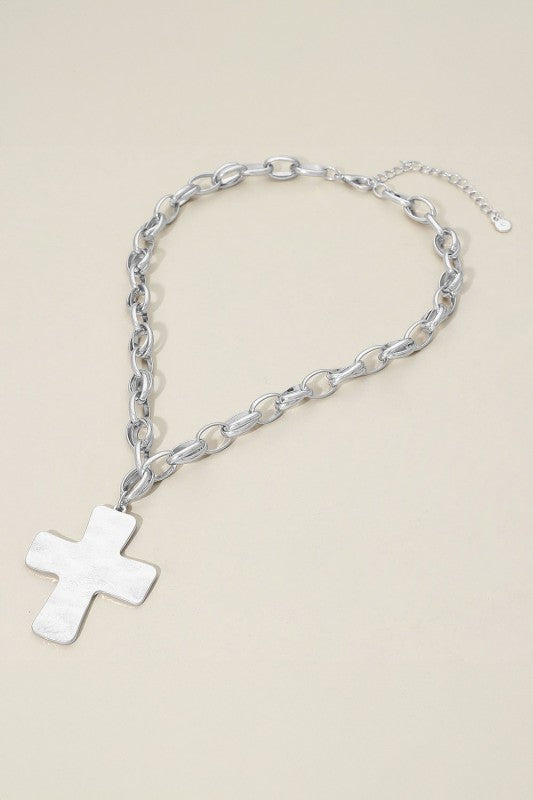 Brushed Metal Cross Pendant Chunky Chain Necklace