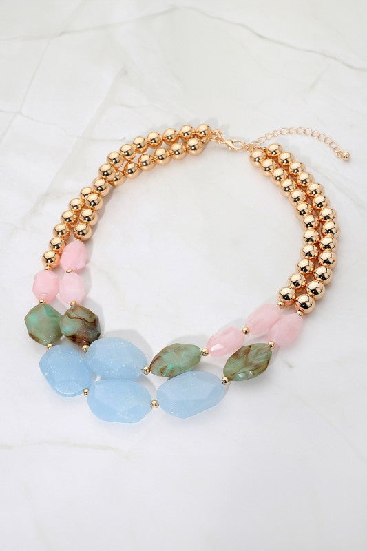 Multi Color Resin Pebble Beaded Layered Necklace