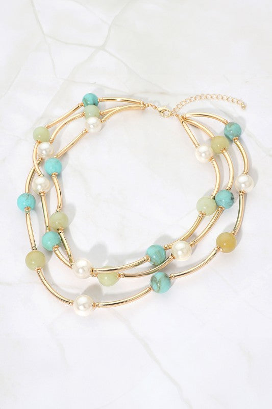 Resin Ball Pearl Metal Bar Double Strand Necklace